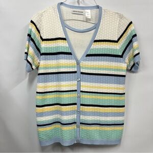 Alfred Dunner Womens m Short Sleeve stripe Sweater button down Blue yellow White